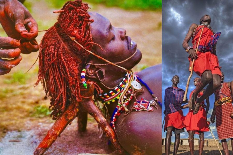 Experience Maasai traditions in the heart of the Mara during your cultural safari. Maasai warrior jumping during cultural performance in Kenya